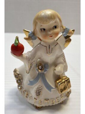 Lefton September Birthday Angel Apple Books Pigtails Rhinestones 1957  1987 -EUC